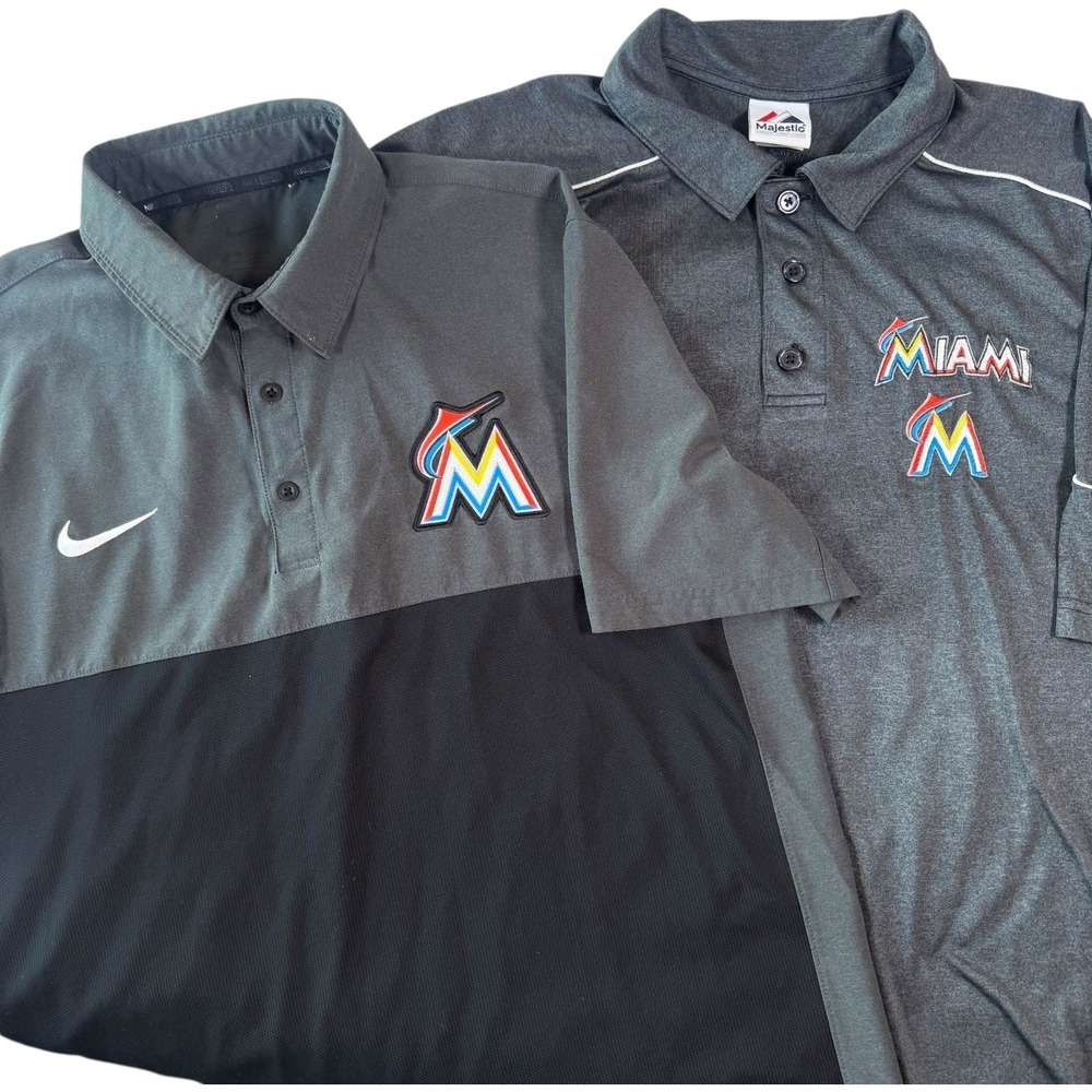 Nike Majestic Miami Marlins Polo Men XL Grey Black MLB Performance Polyester Lot